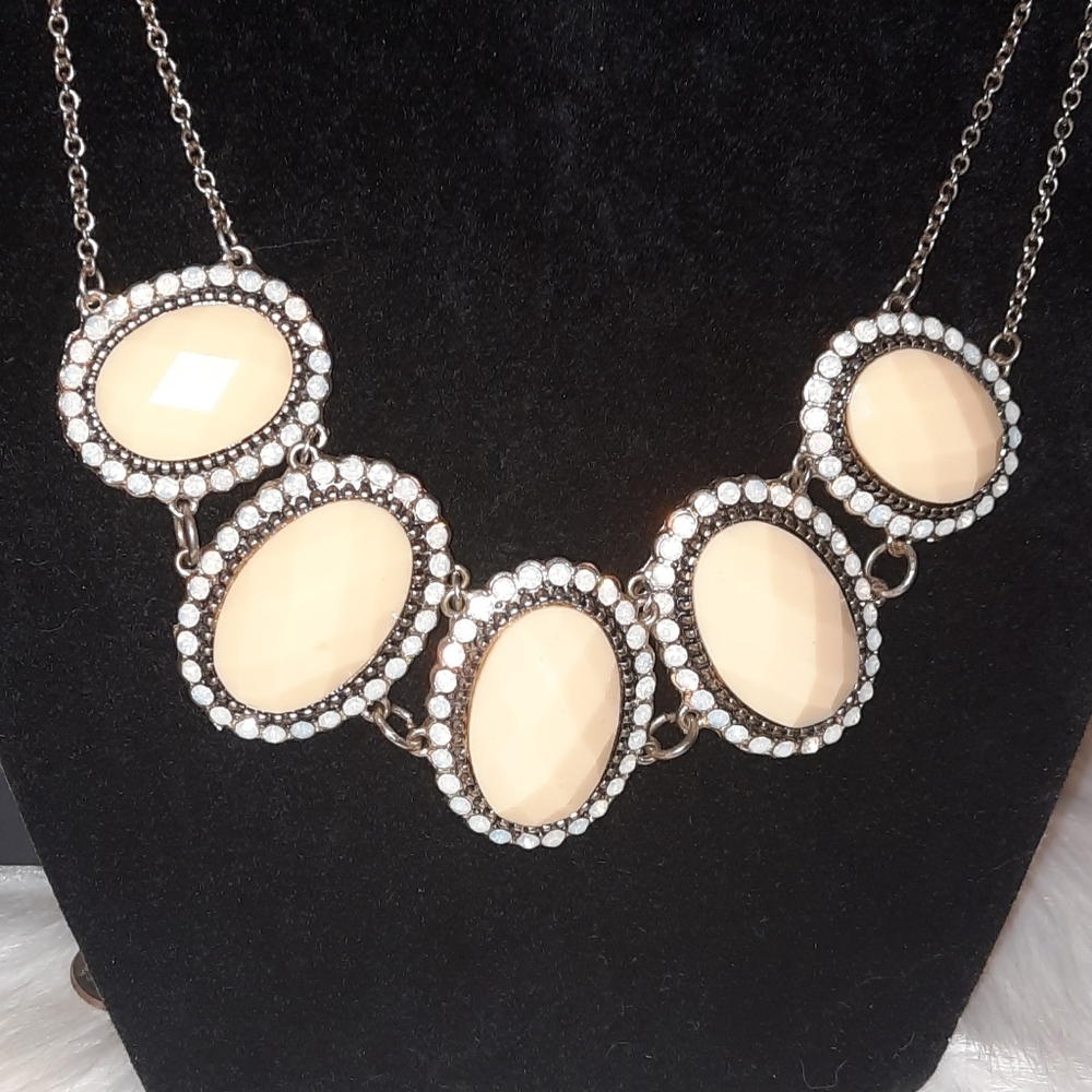 Statement necklace faceted ivory halos of faux opal adjustable